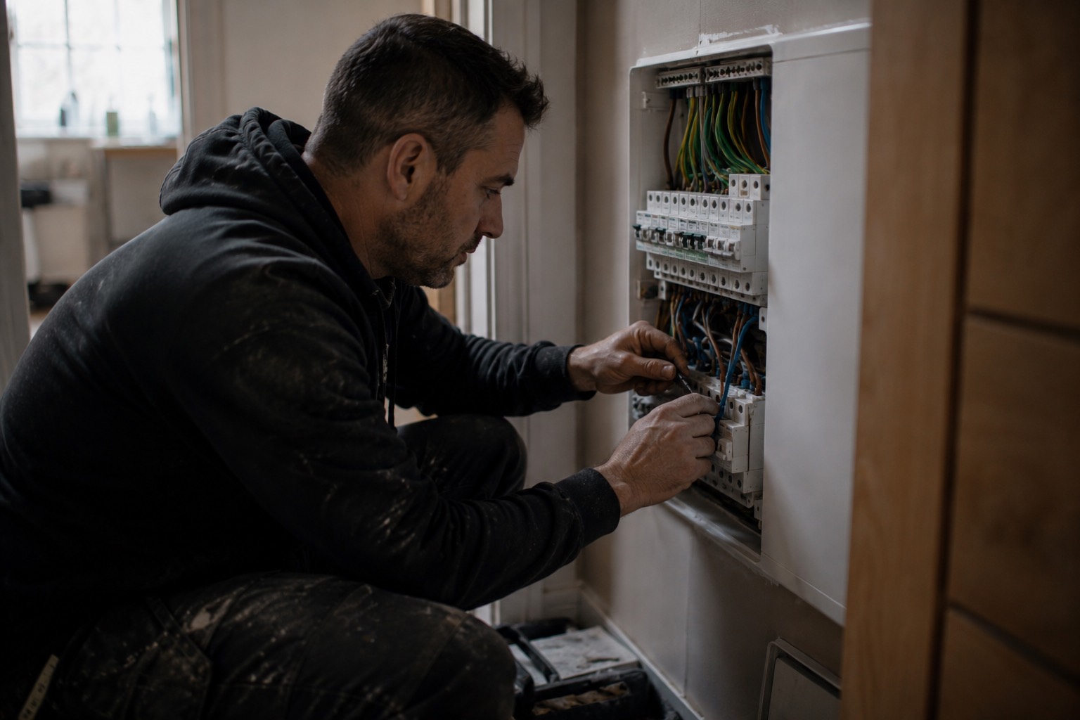 Electrician working at a consumer unit